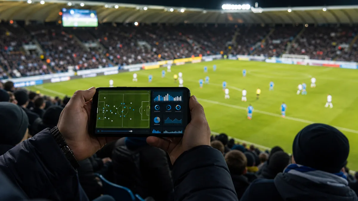 En fotbollssupporter följer matchstatistik på en mobiltelefon från läktaren.